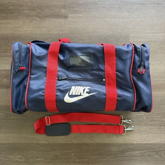 Vintage 80s Nike Duffle Bag Logo Blue Red Gym NOS MINT - Picture 1 of 9